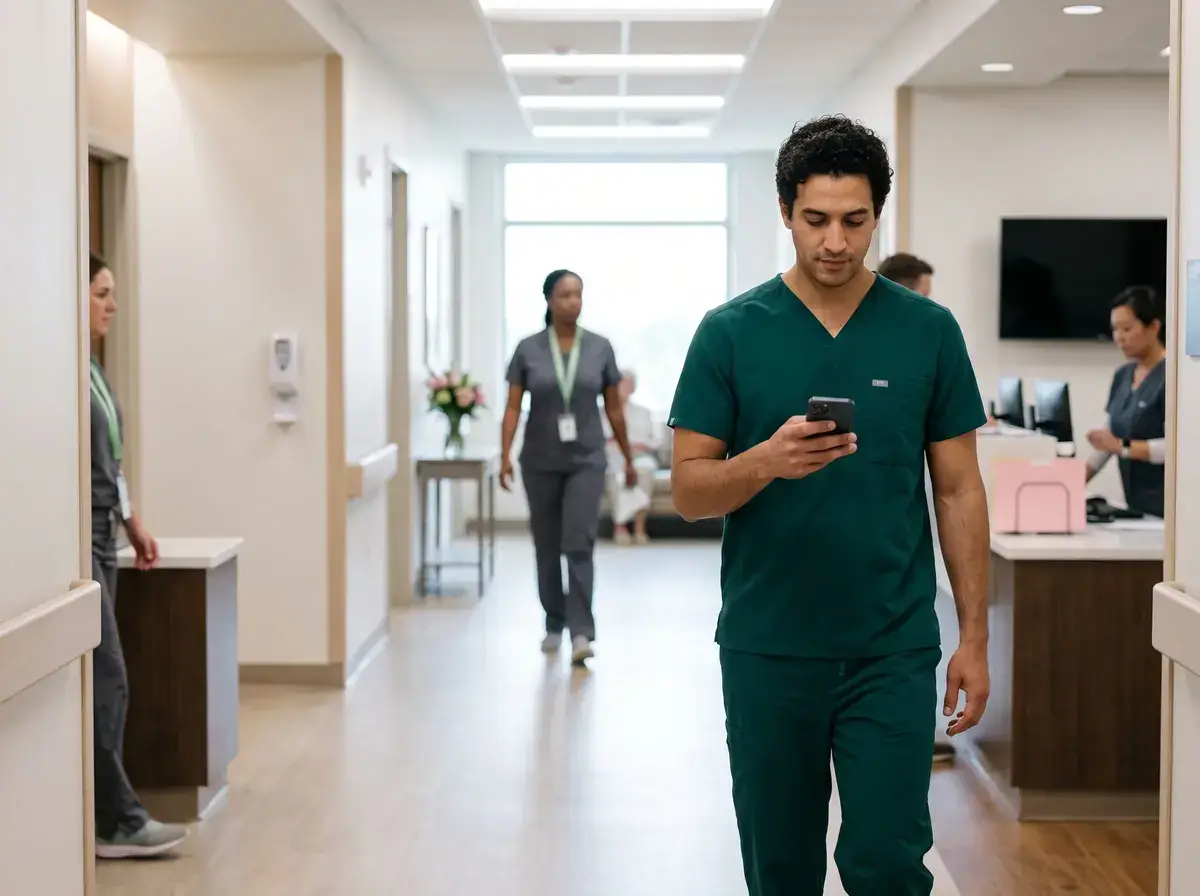 Clinician walking a clinic corridor while checking a phone