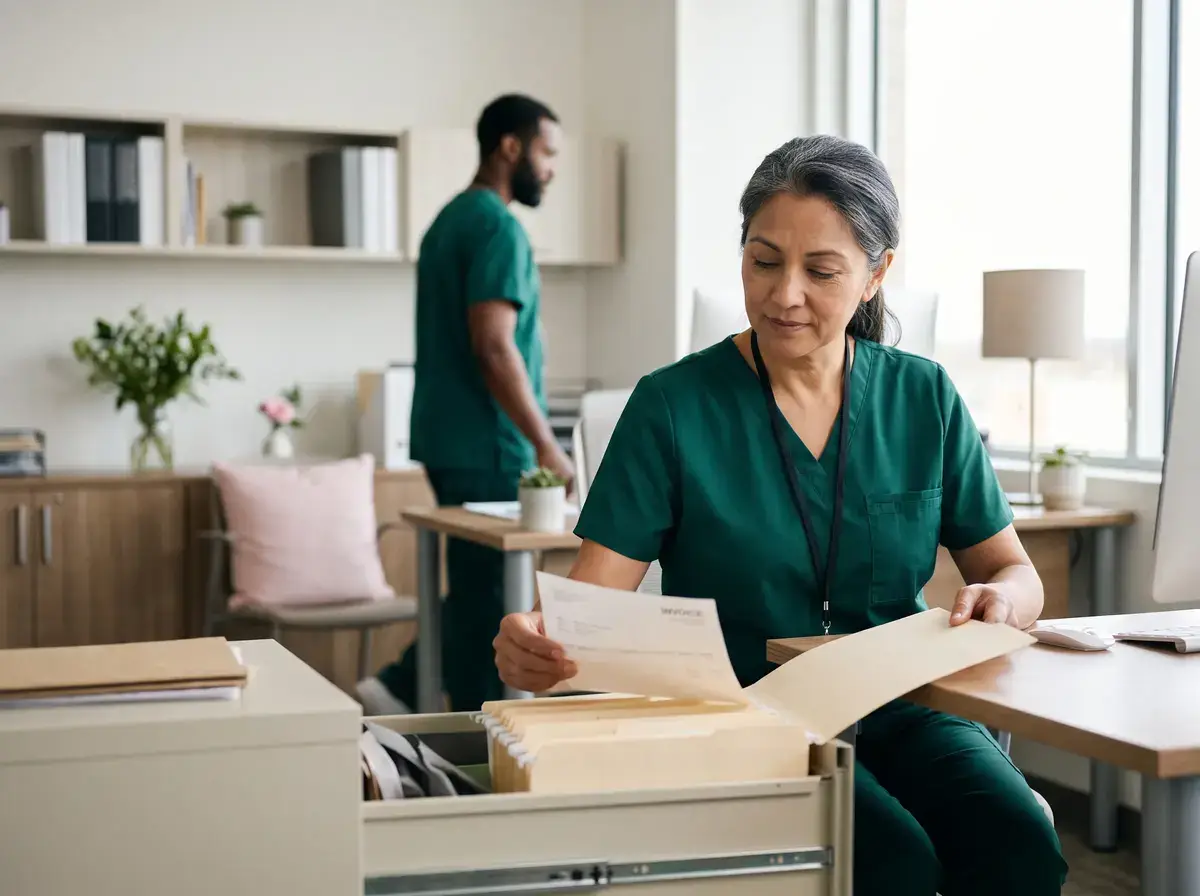 Practice administrator reviewing paperwork at a desk in a clinic office