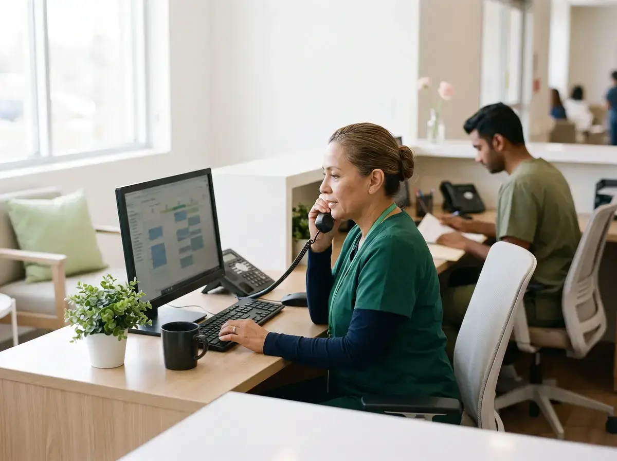 Scheduler on a desk phone at a dual monitor workstation in a clinic office