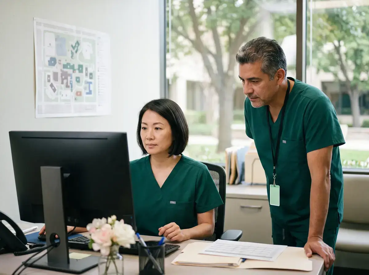 Two clinicians reviewing a schedule on a monitor at an office desk