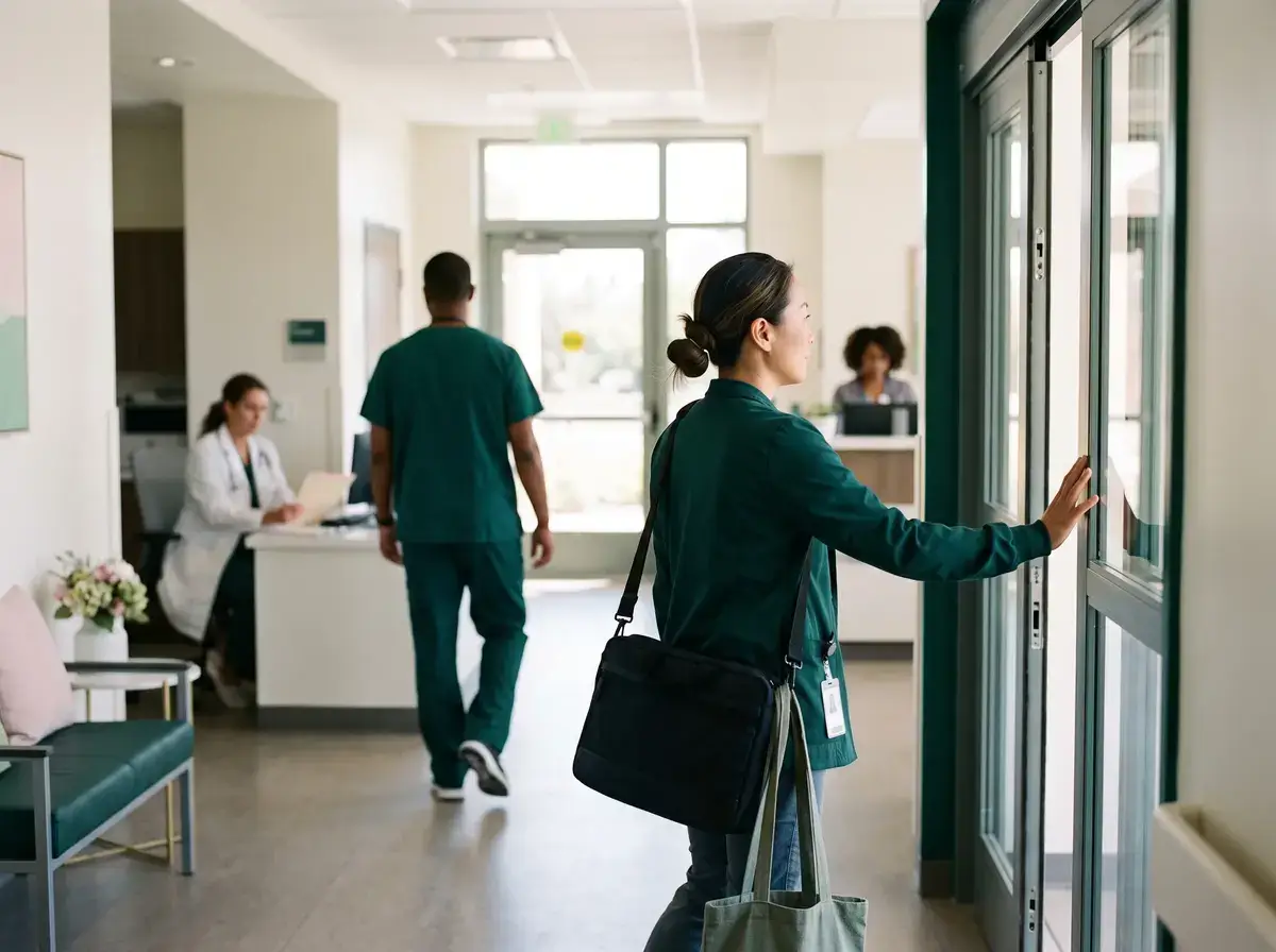 Two staff members leaving a clinic through the front door at the end of the day