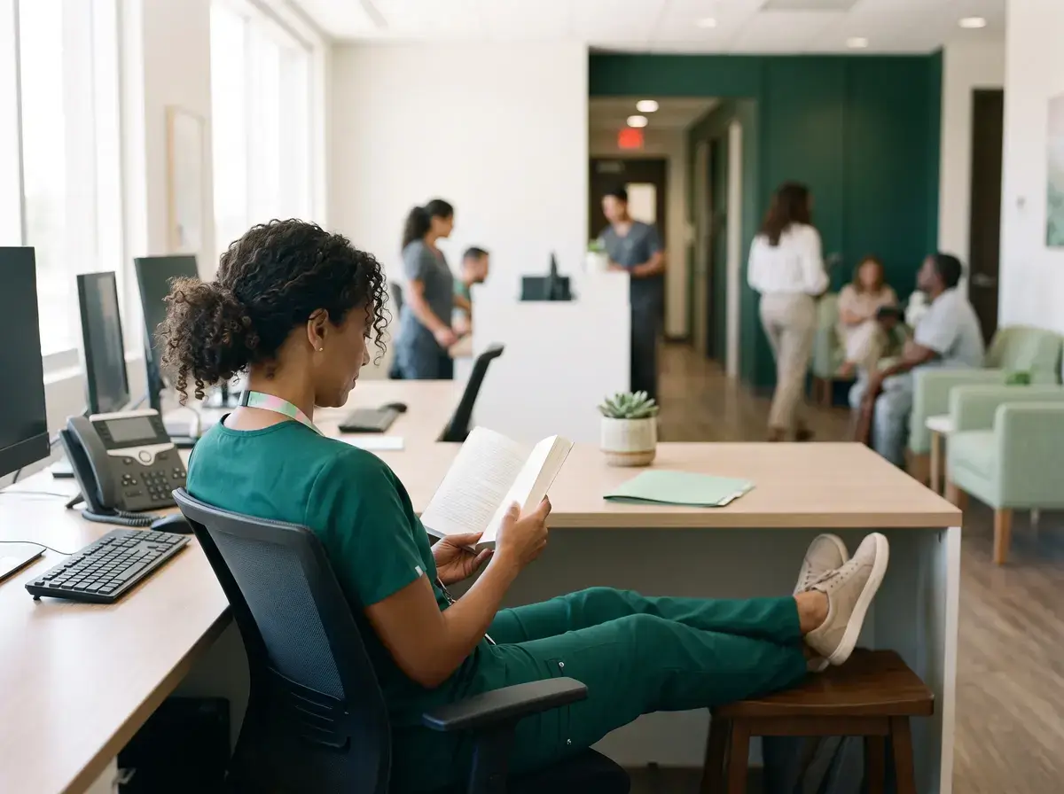 Scheduler leaning back at a desk reading a folder in a busy clinic office