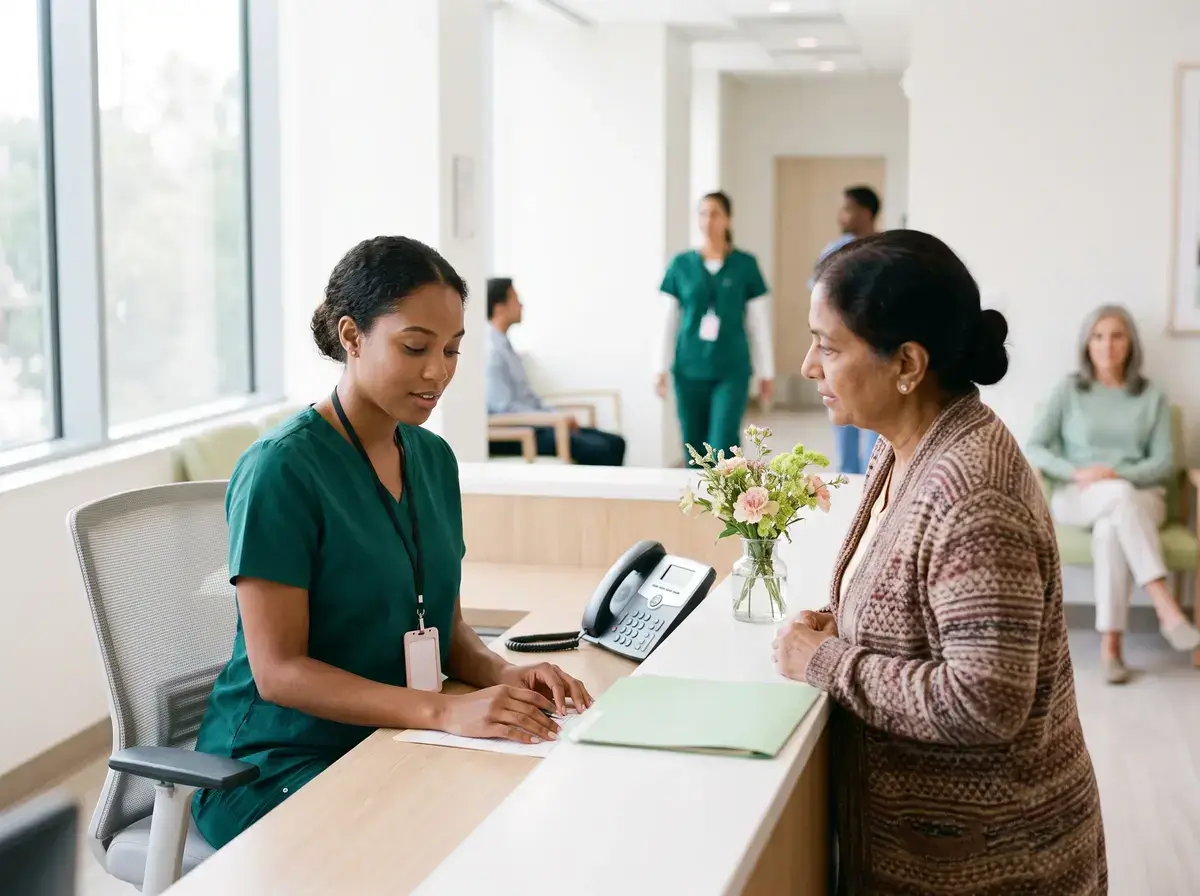 Nurse at a clinic front desk speaking with an older patient across the counter