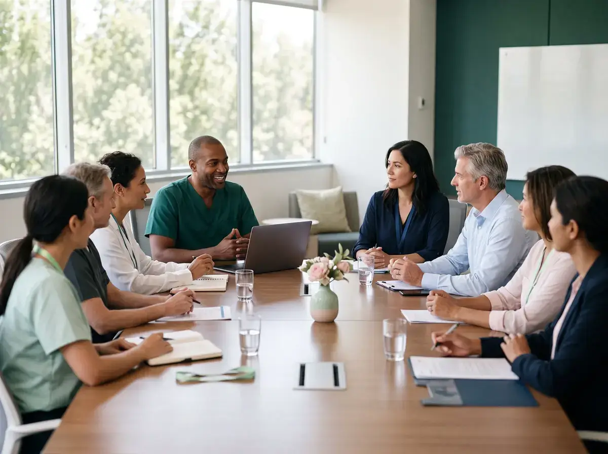 Multi specialty leadership team meeting around a conference table