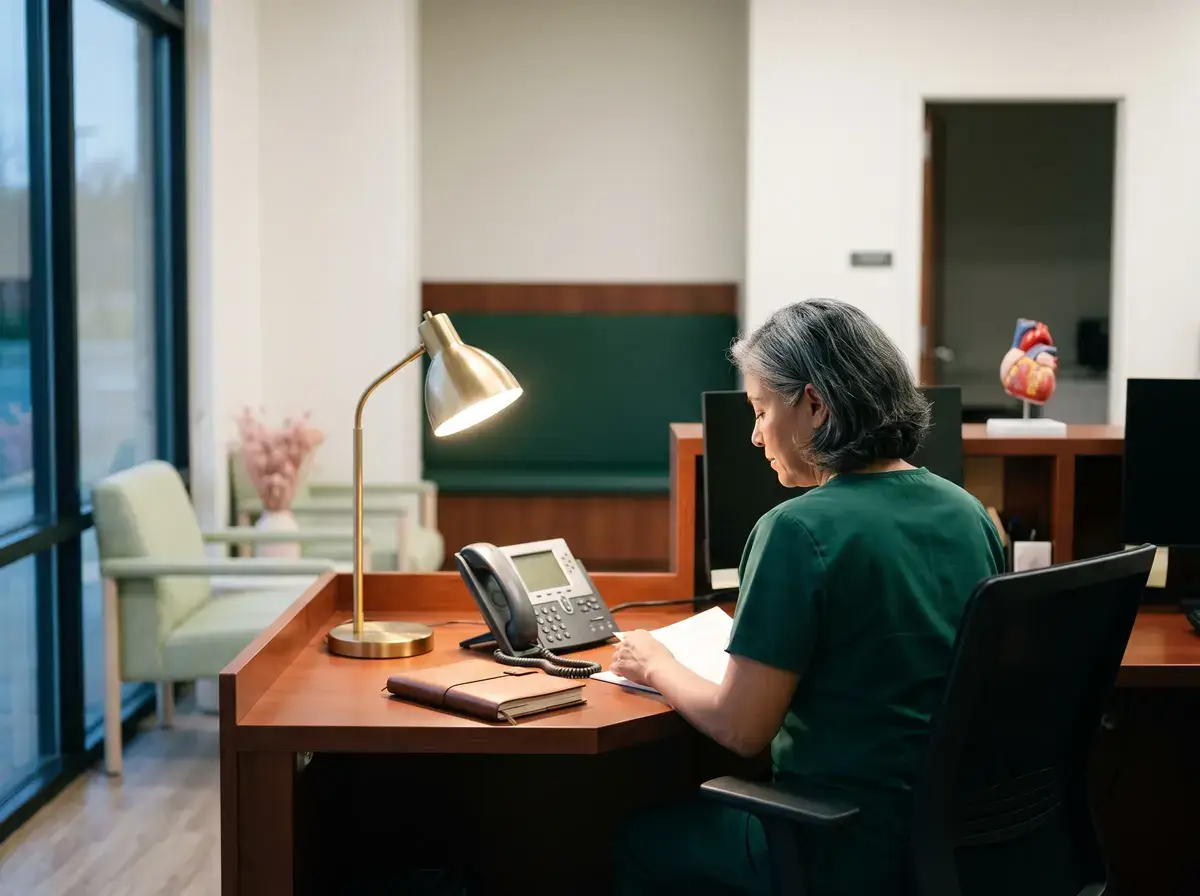 Clinician at a wooden desk in a dim office taking a call on a desk phone, laptop open, heart model on the shelf