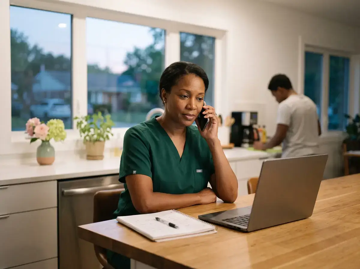 Nurse on a mobile call at a clinic counter at dusk with a colleague behind