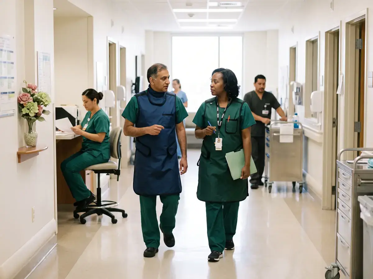 Two cardiology clinicians walking a bright clinic corridor together, one carrying a folder