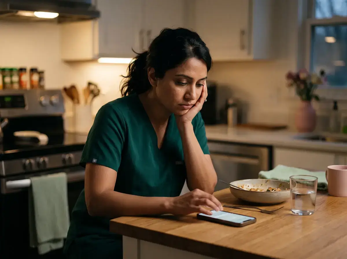 Physician in scrubs at home at night, head in hand, looking at a phone at the kitchen counter