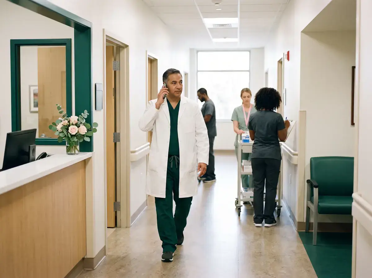 Physician in a white coat on a phone call walking a clinic corridor past staff
