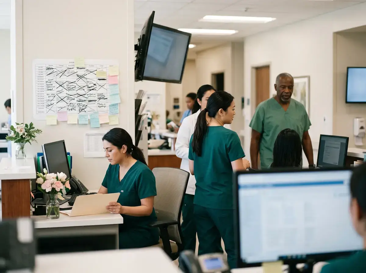 Clinic office with sticky notes covering a whiteboard while staff crowd around workstations