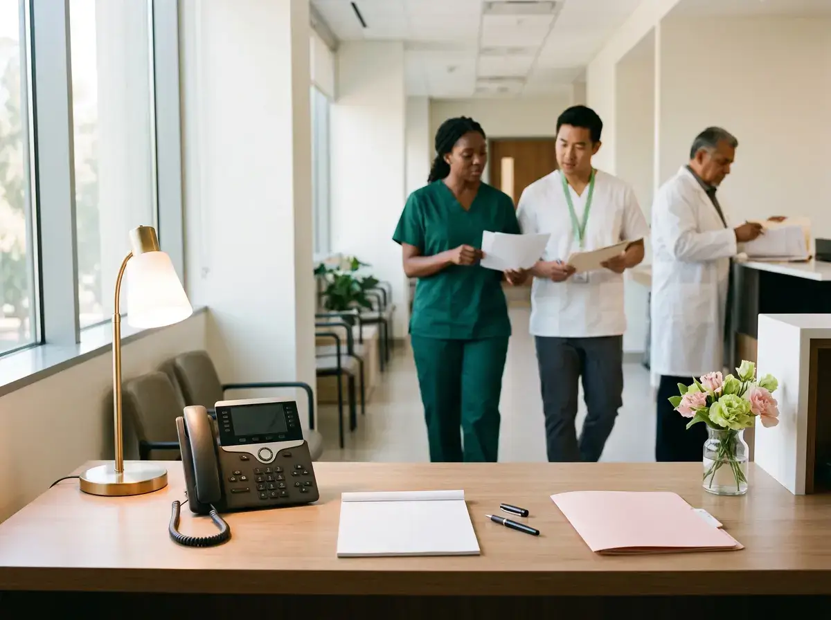 Empty clinic desk with a desk phone and notepad as clinicians confer in the corridor behind