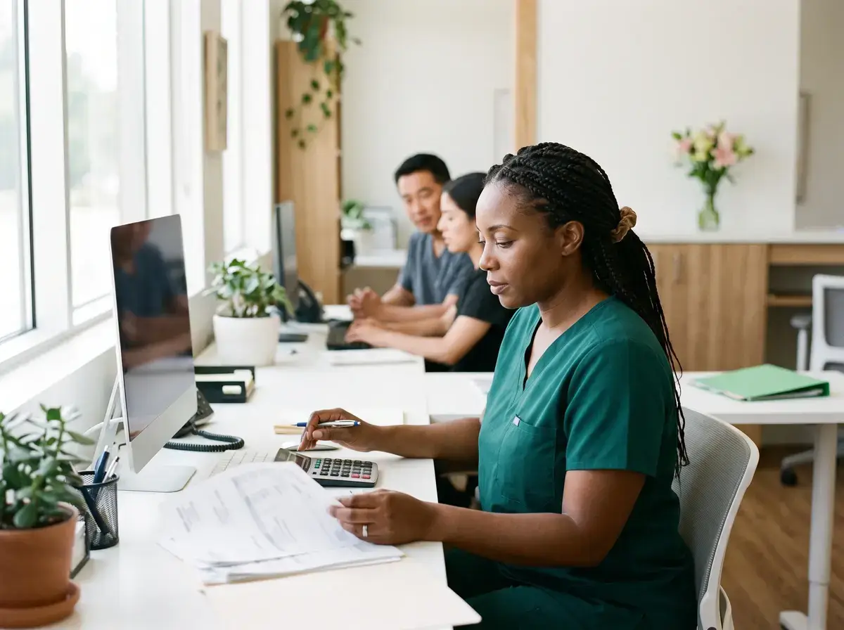 Practice manager at a desk with a calculator reviewing invoices beside a monitor