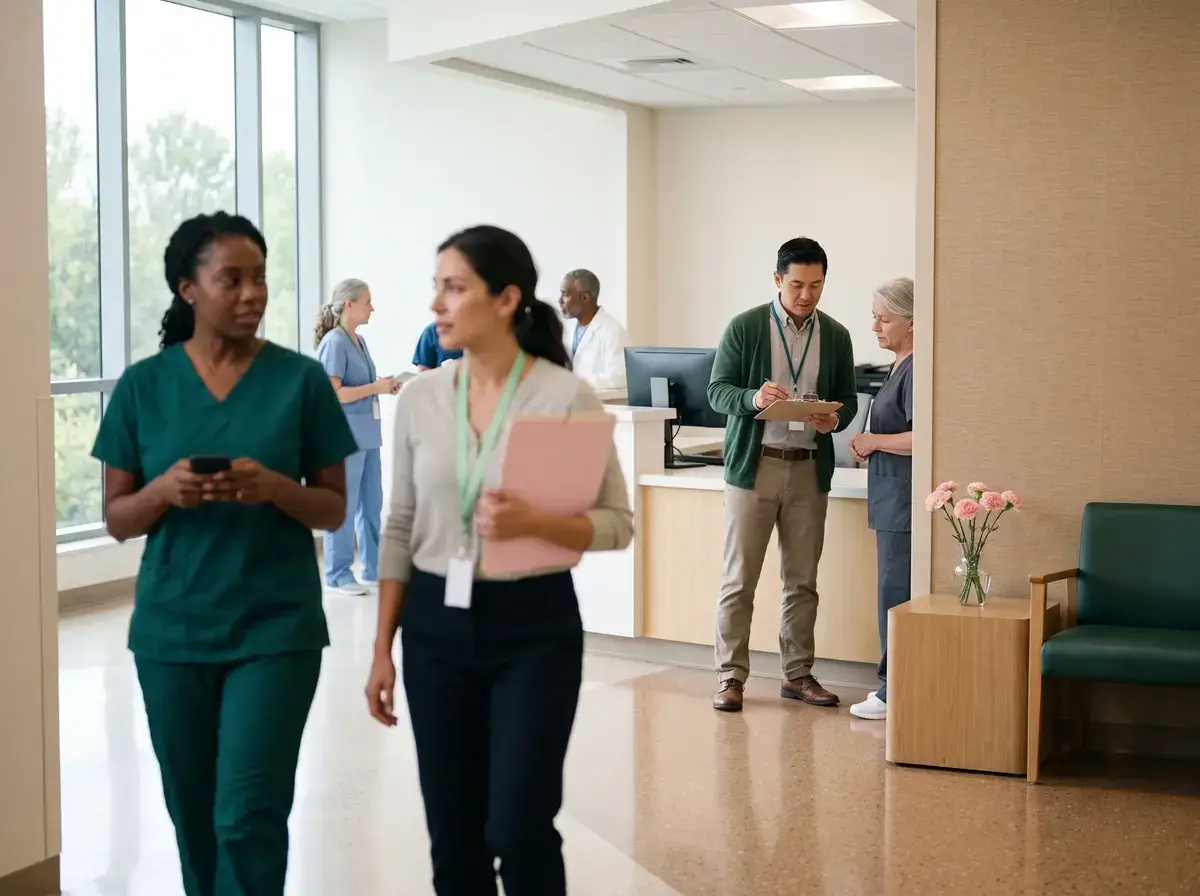 Nurse escorting a patient through a clinic reception area while others wait at the desk