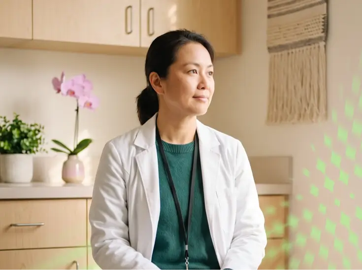 Woman in white lab coat sitting in a kitchen with plants and a hanging macrame decoration
