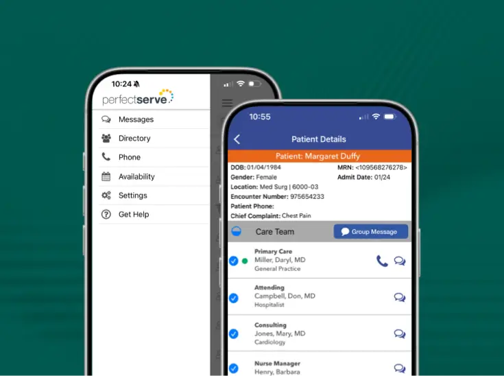 Two smartphones displaying a healthcare communication app interface with patient details and care team information