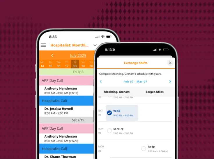 Two smartphones displaying a healthcare scheduling app with a monthly calendar and shift exchange feature