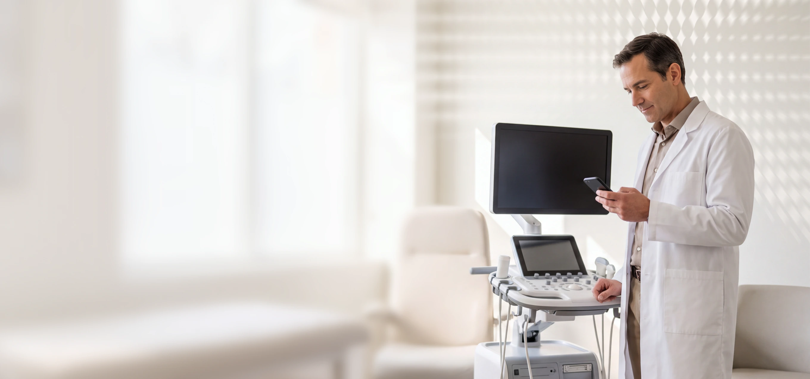 Doctor in white coat using phone near ultrasound machine in medical office