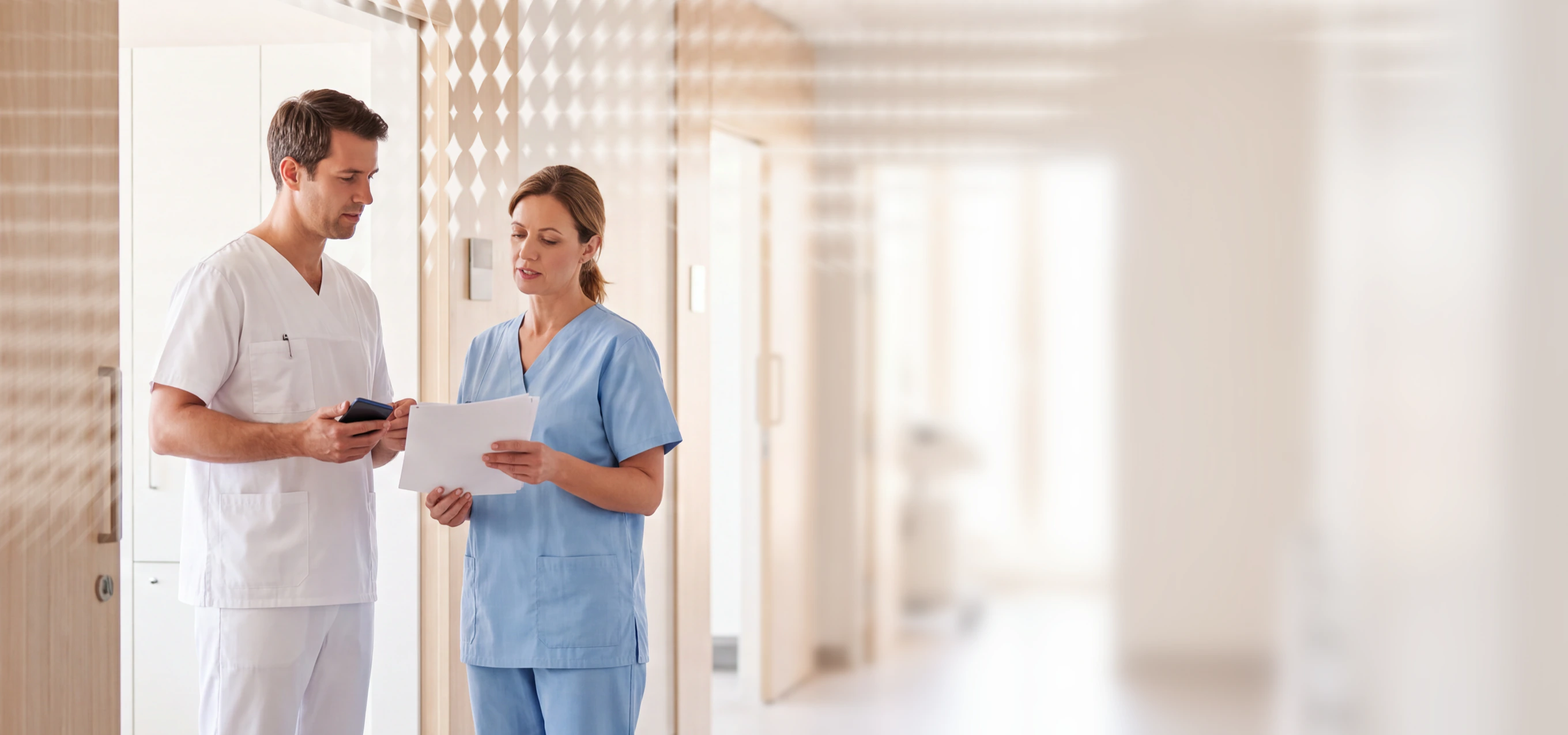 Two healthcare professionals in scrubs discussing a document in a hallway
