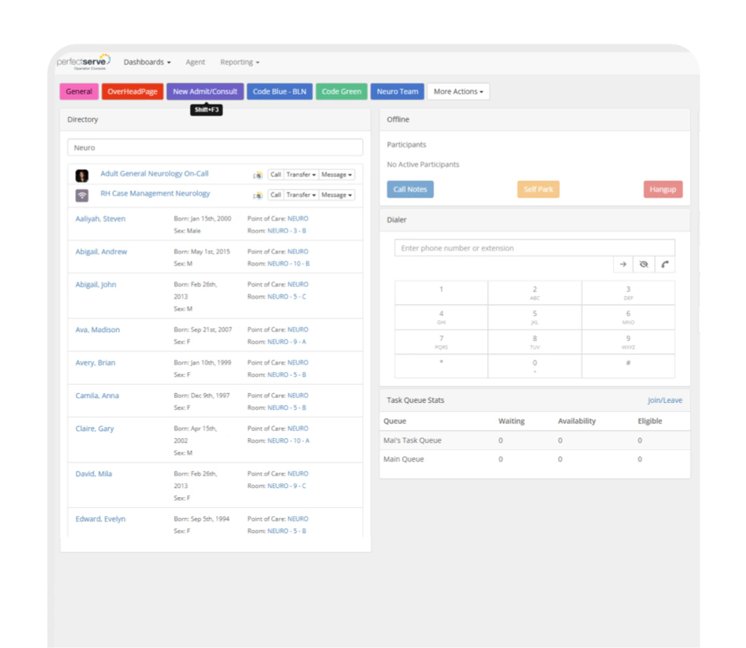 Healthcare software interface showing patient directory and task queue statistics for neurology department