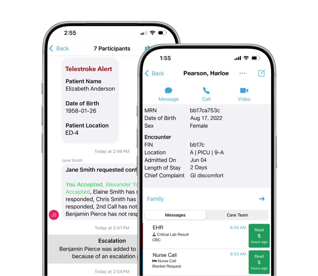 Two smartphones displaying a telemedicine app interface with patient information and communication details