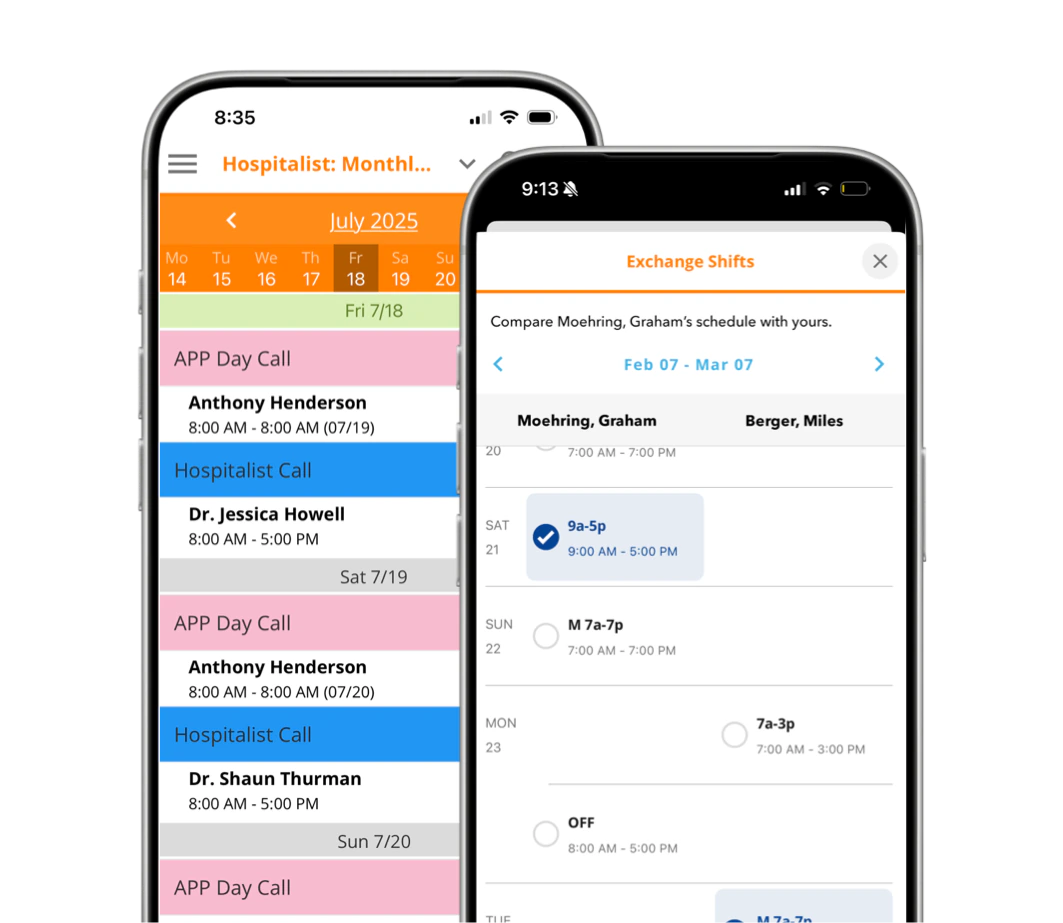 Two smartphones displaying a healthcare scheduling application with a monthly calendar and shift exchange feature