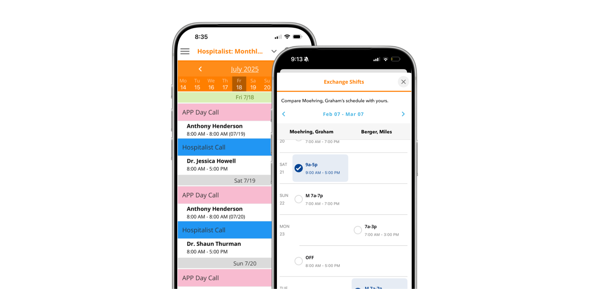 Two smartphones displaying a healthcare scheduling application with a monthly calendar and shift exchange feature