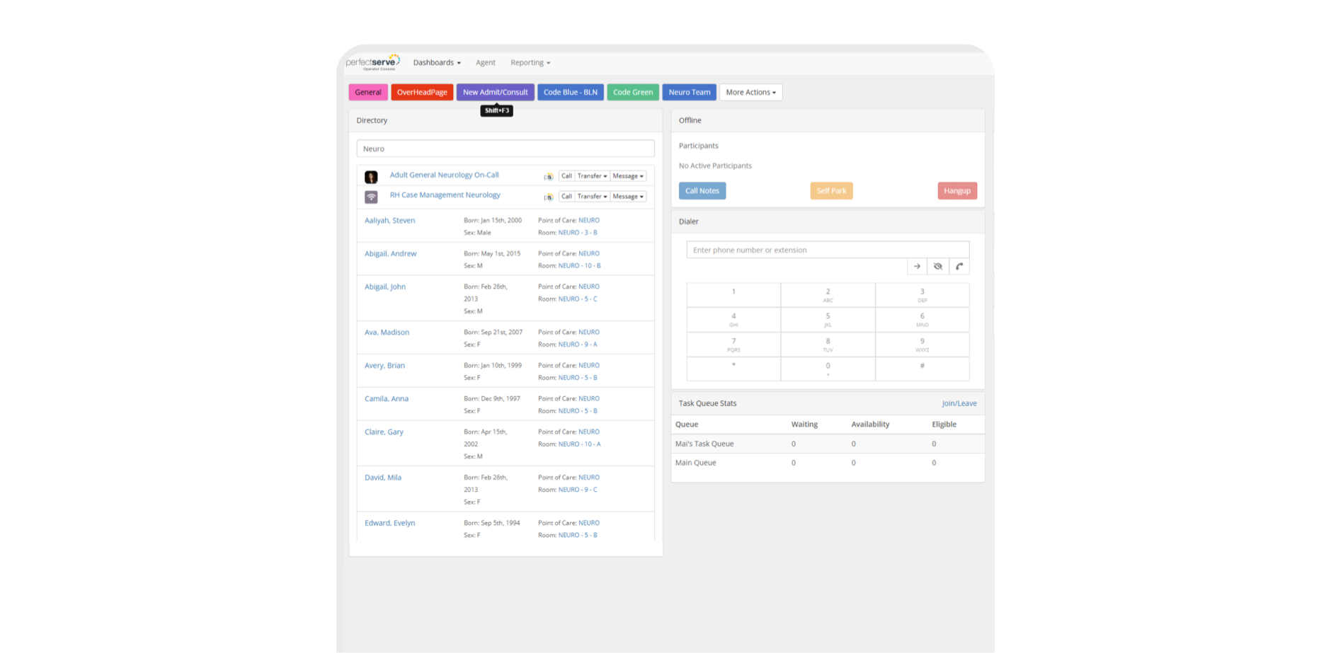 Operator directory for a neurology department with options to call, transfer and message