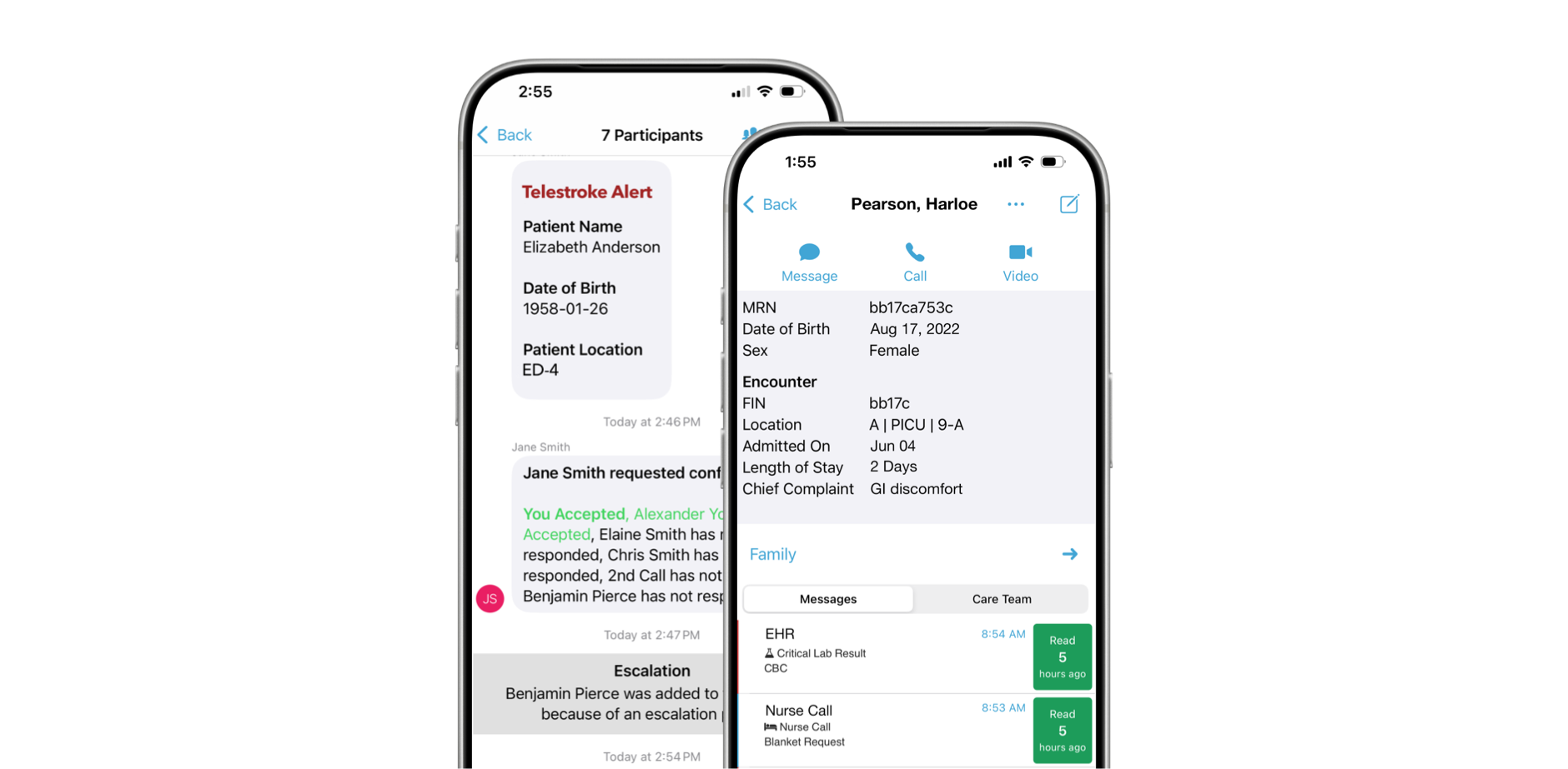 Clinical collaboration software showing telestroke alert and patient information on two mobile devices