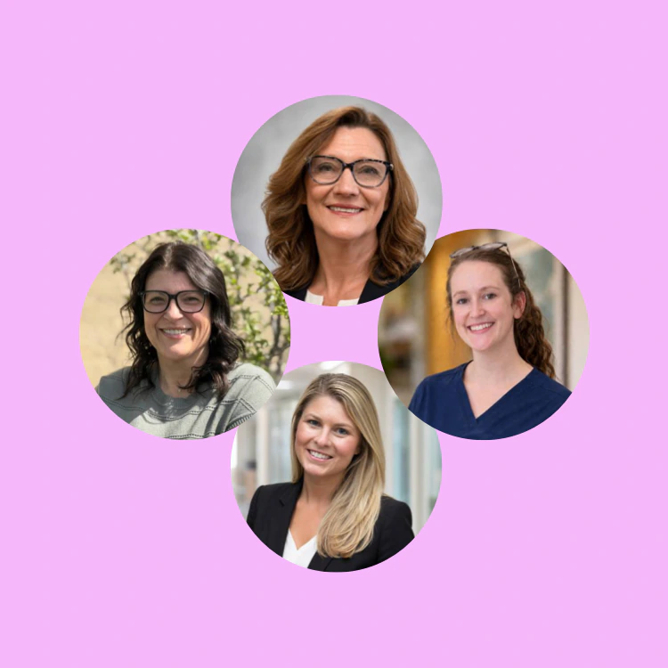 Circular portraits of four women representing different roles in healthcare, set against a pink background