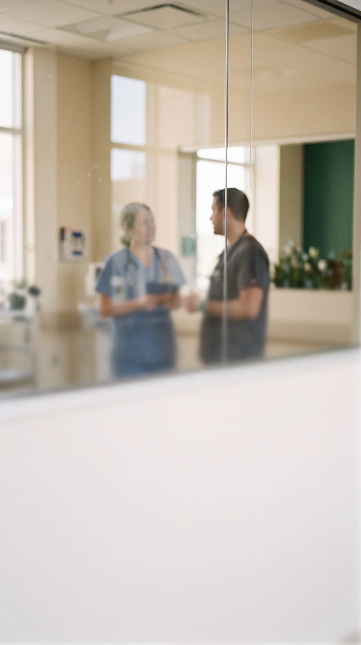 Two healthcare professionals in scrubs talking in a clinical setting