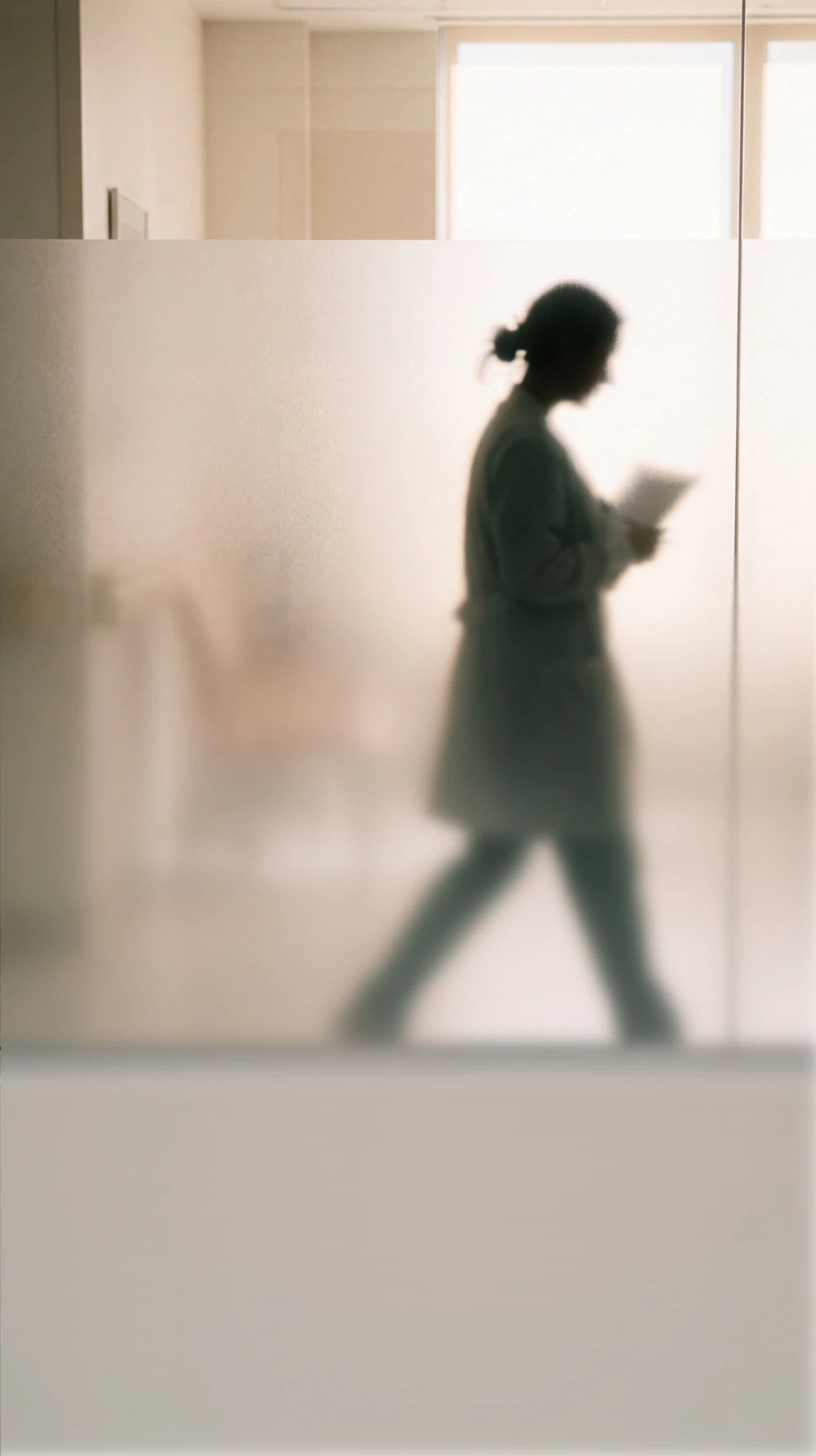 Silhouette of a person walking and holding papers, seen through frosted glass