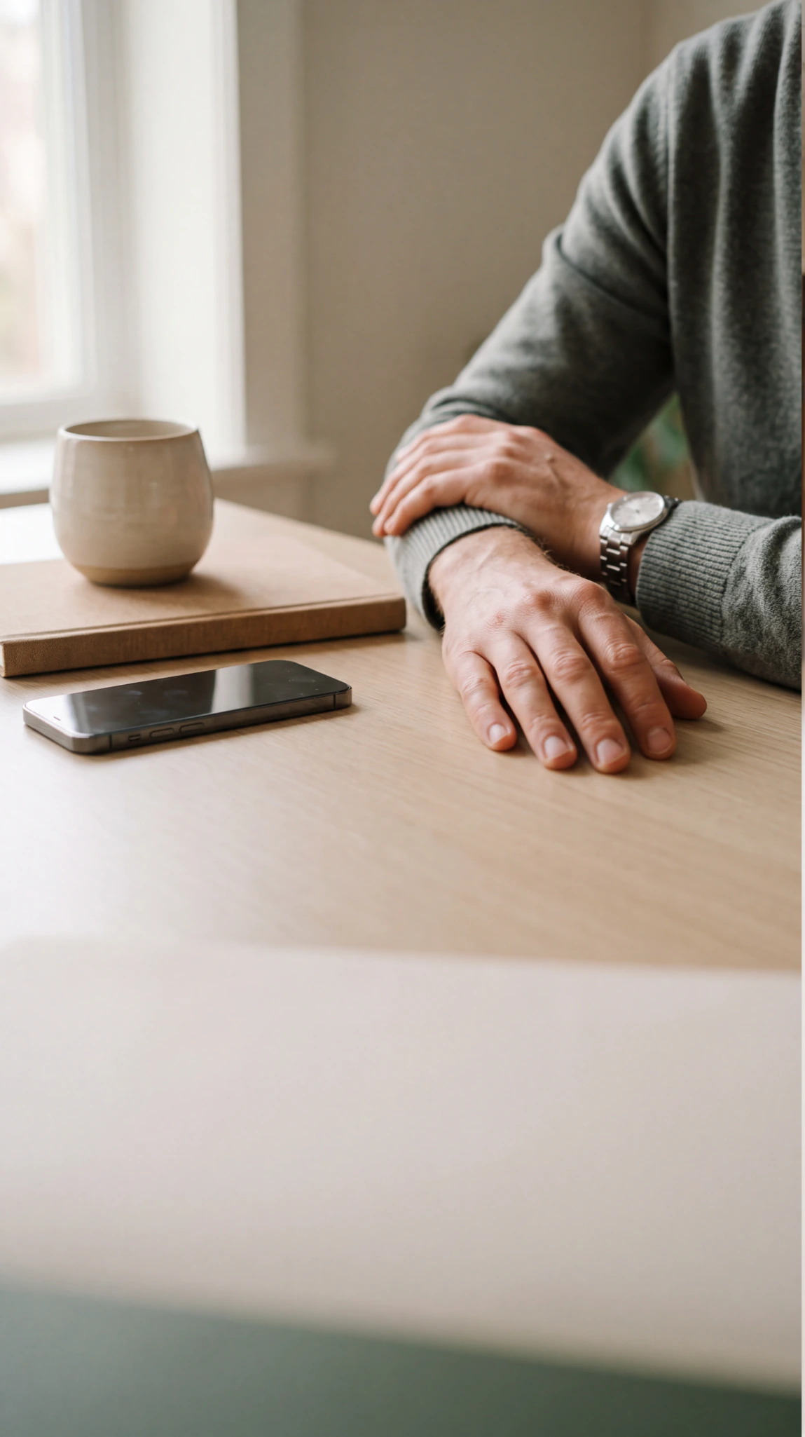 Man resting hands on wooden table with phone and coffee mug nearby