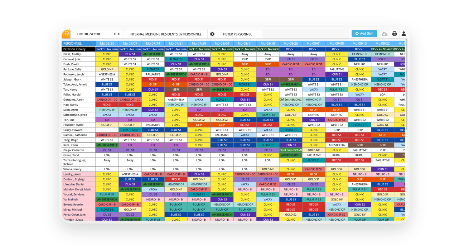 Color-coded block schedule for internal medicine residents, June 30 to September 30, showing shifts and locations