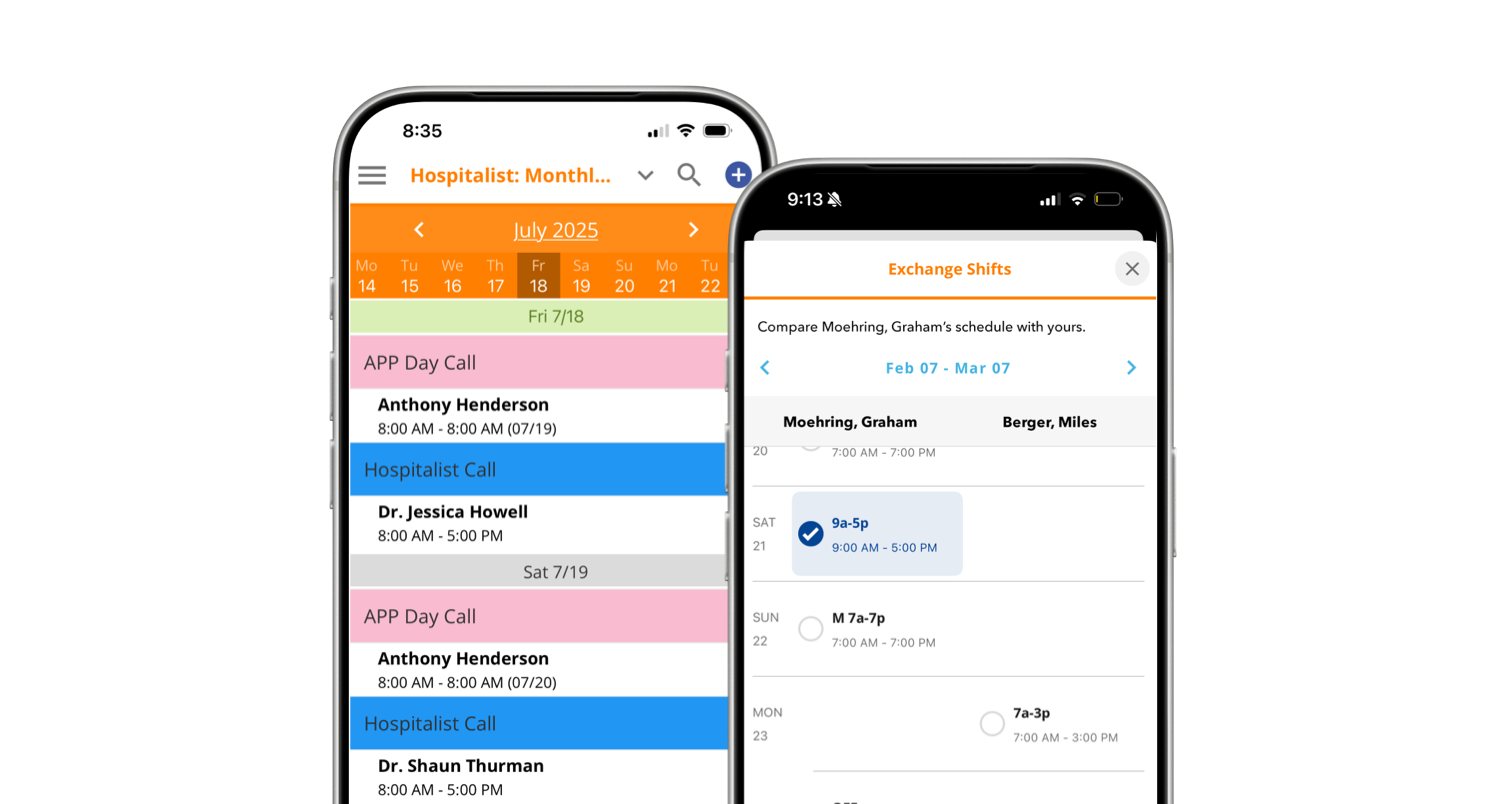 Two smartphone screens showing a healthcare scheduling app with monthly and shift exchange views