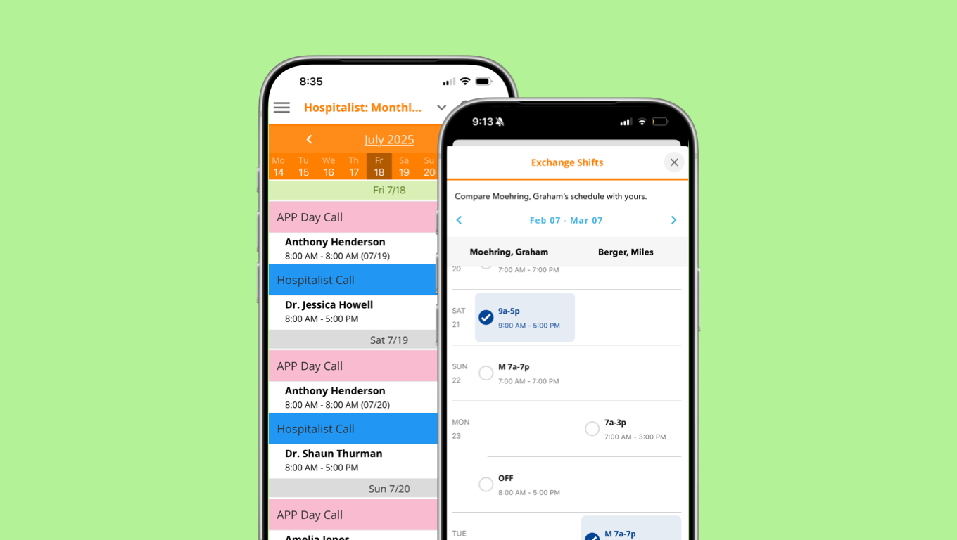 Two smartphone screens showing a healthcare scheduling app with a monthly calendar and shift exchange feature