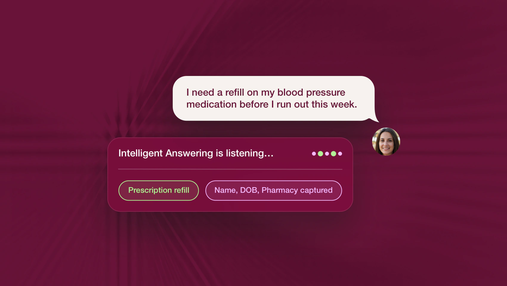 Caller requesting a blood pressure medication refill, with fields for name, date of birth and pharmacy