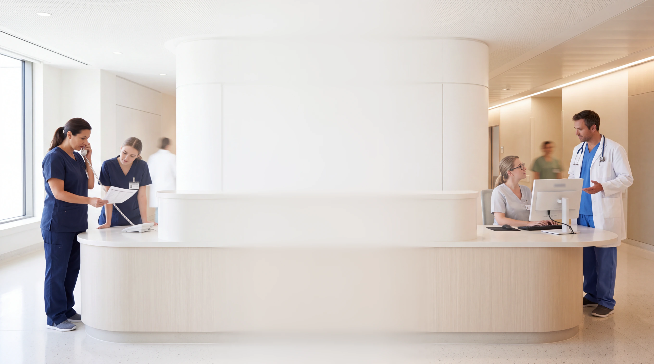 Medical staff at a reception desk in a modern hospital setting