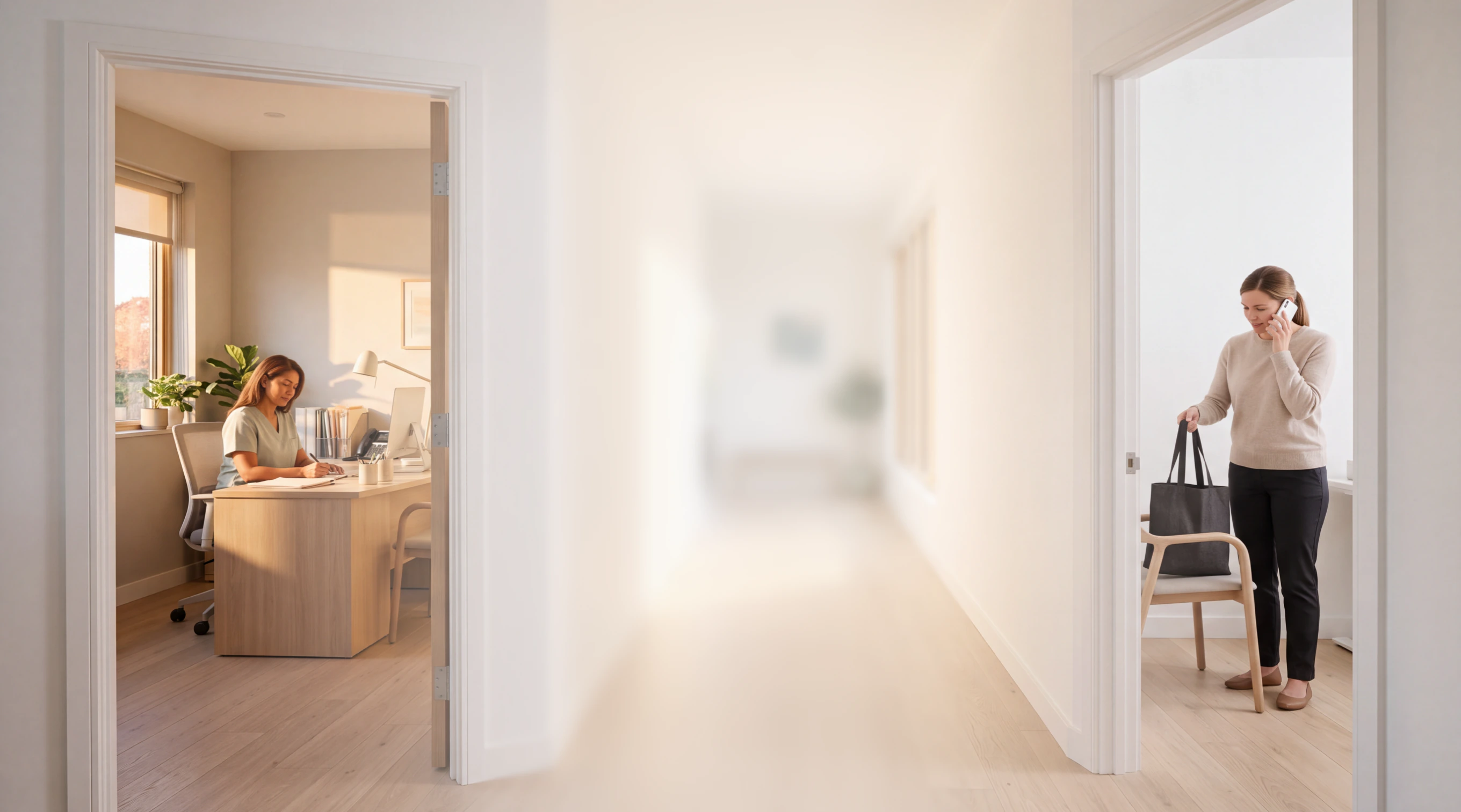 Woman working at desk in office, another woman talking on phone in hallway