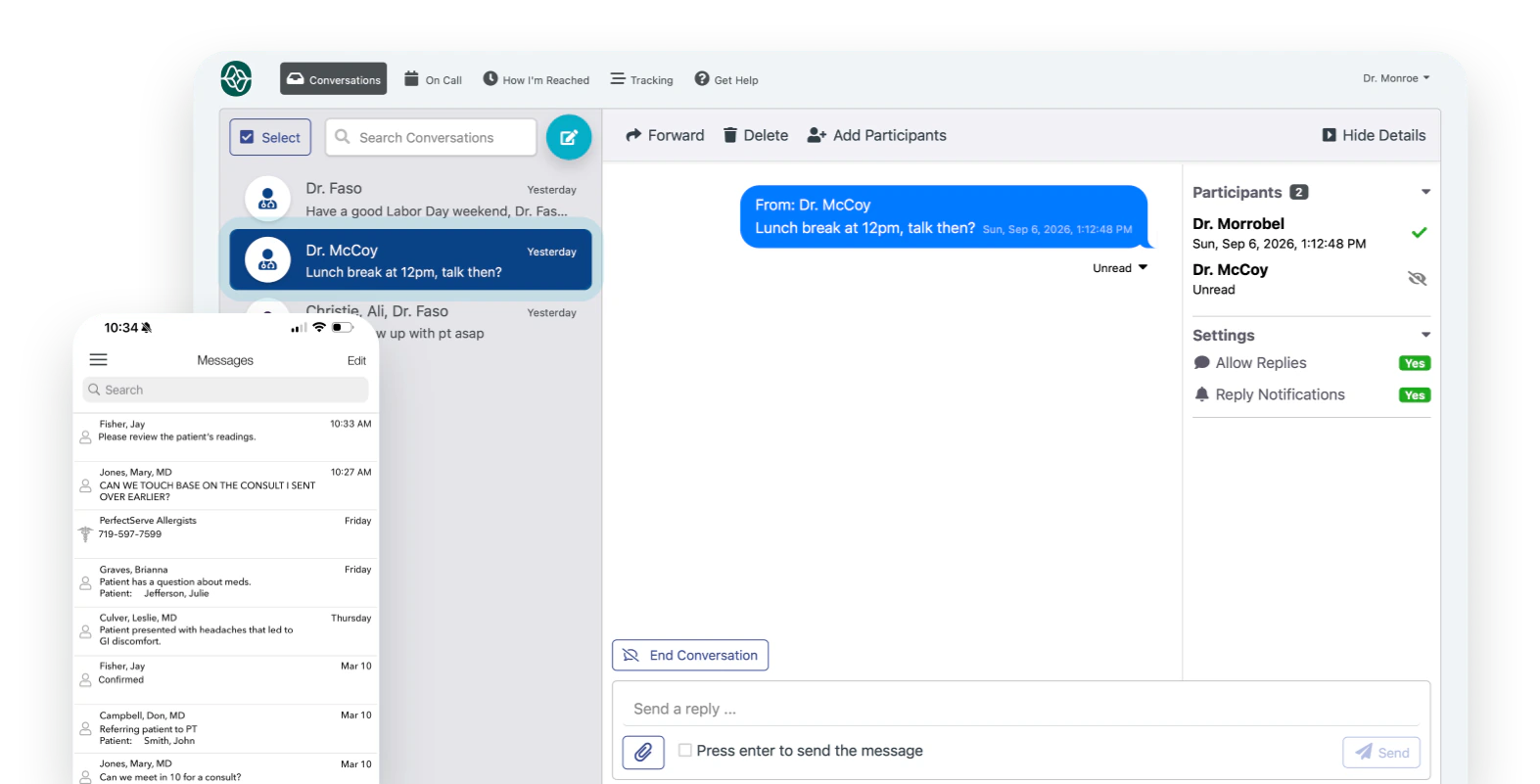 Conversation between two doctors with options to forward, add participants and end the conversation