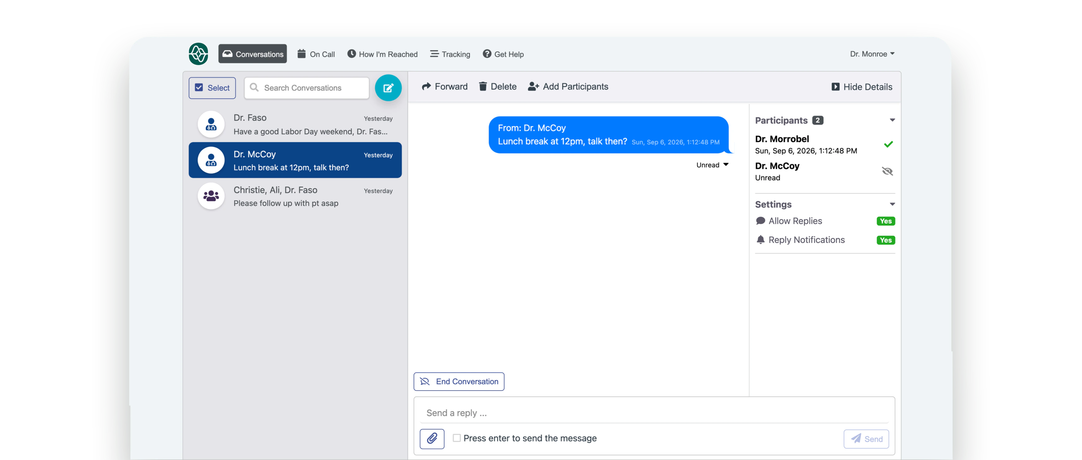 Medical answering service software interface showing a conversation with participants and settings options