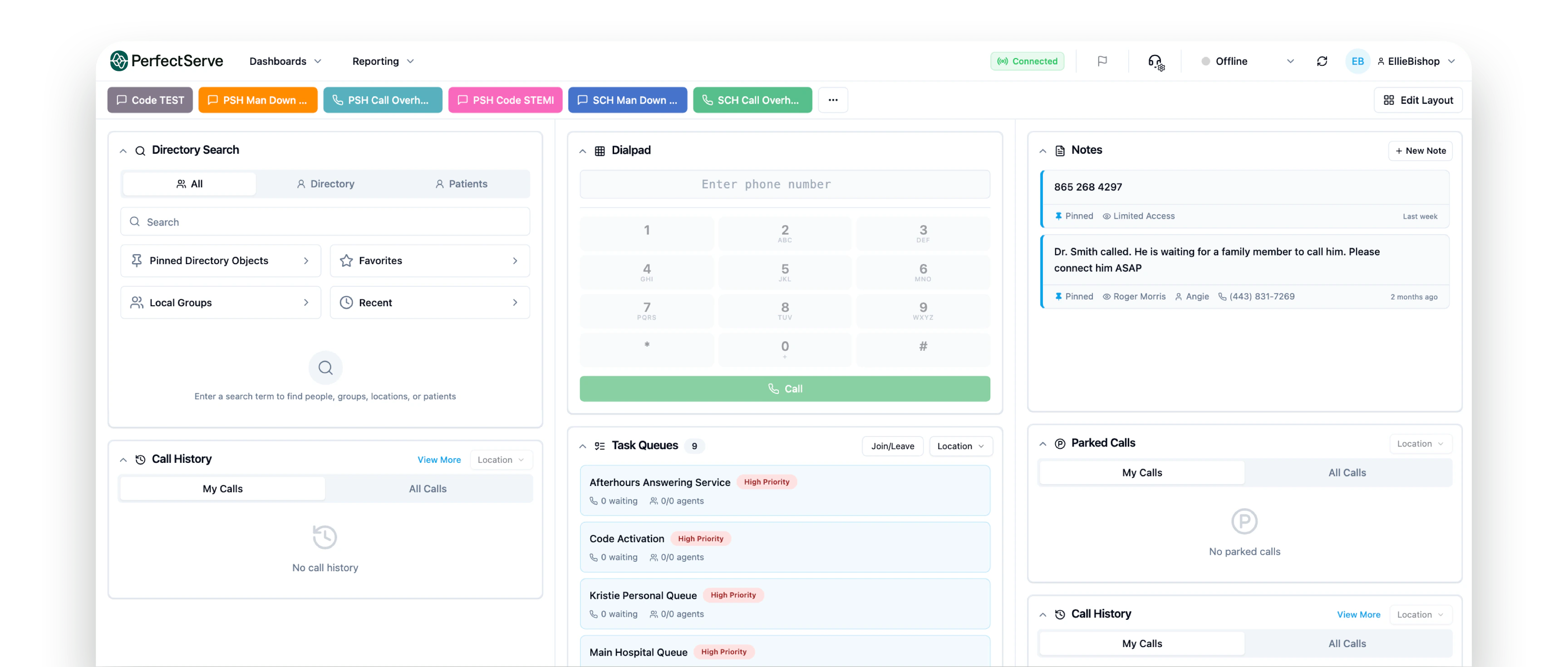 Healthcare call management software interface with directory search, dialpad, task queues, and notes sections