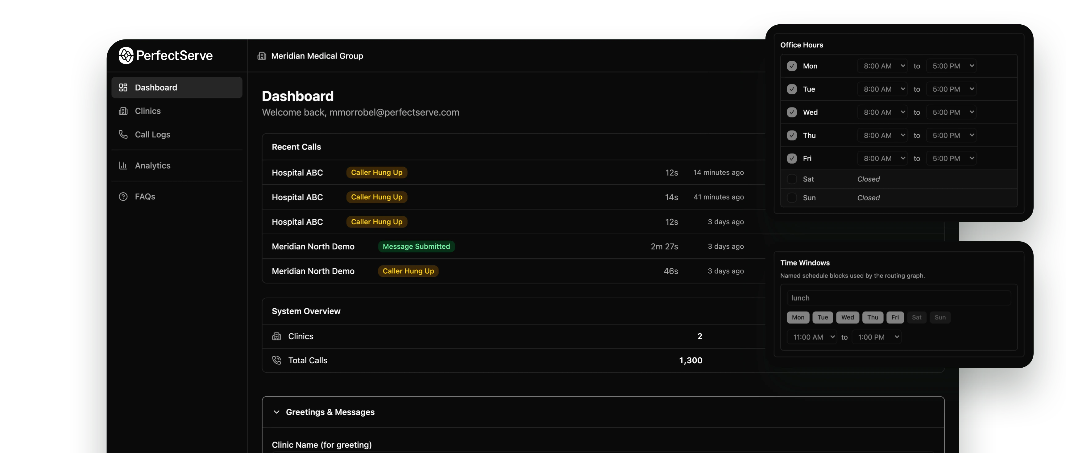 Dashboard view of a healthcare call management system with recent calls, office hours, and system overview