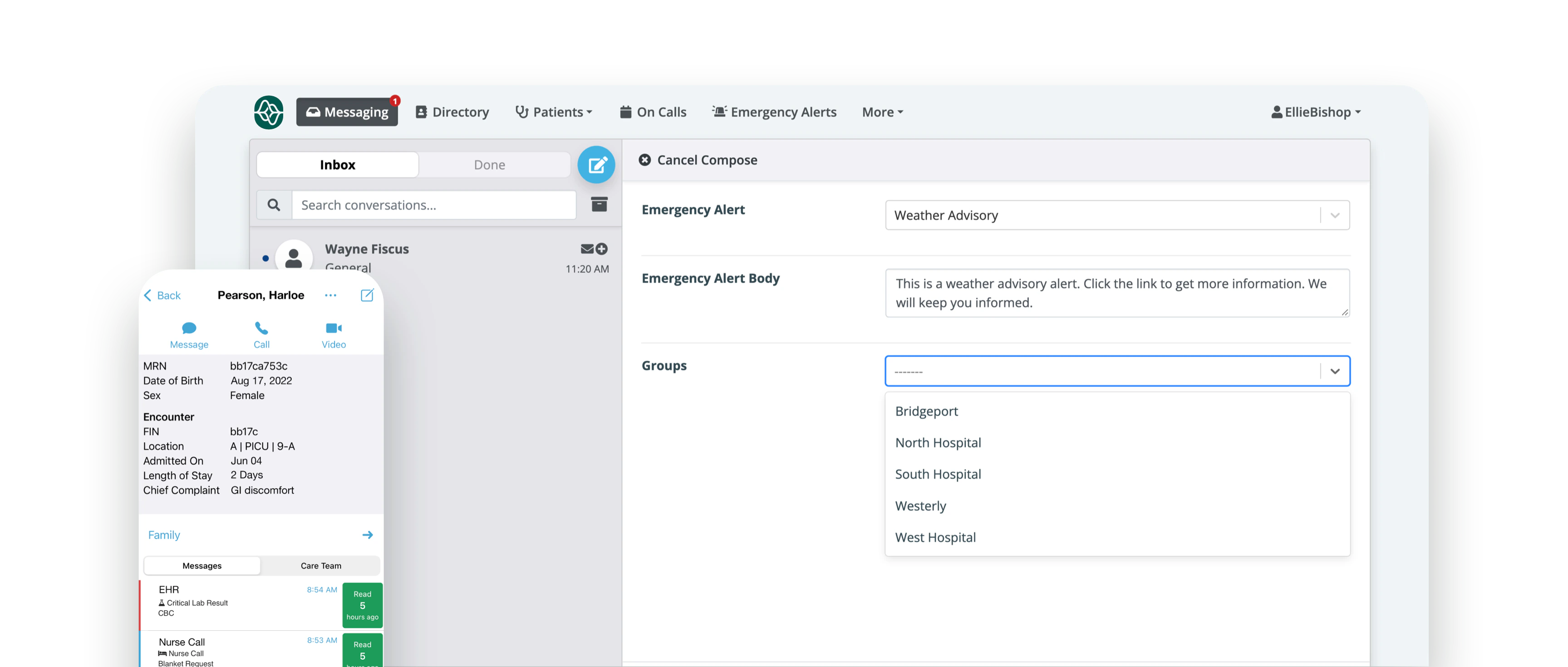 Healthcare software interface showing messaging and emergency alert composition for a weather advisory