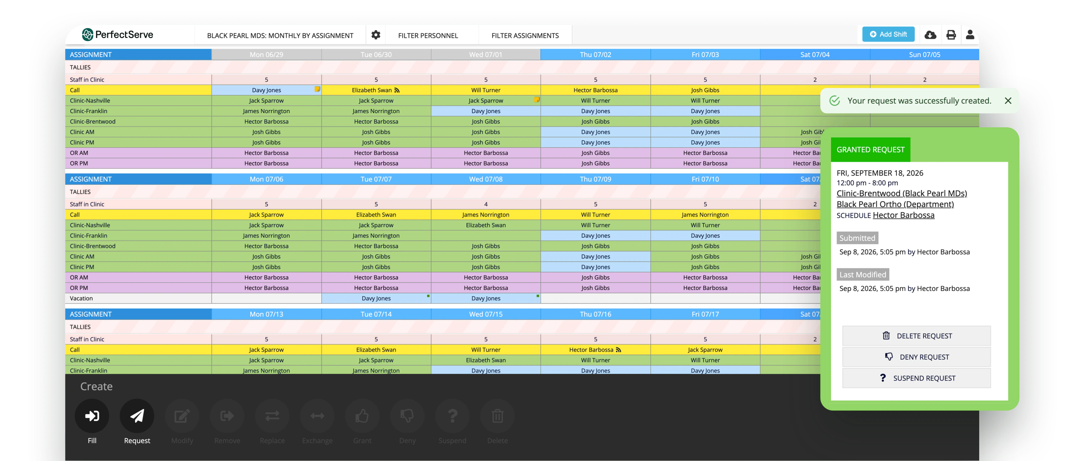 Healthcare scheduling software interface showing staff assignments and request management