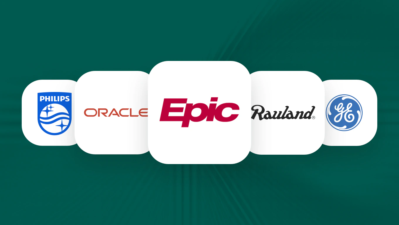 Integration partner logos including Epic, Oracle, GE and Rauland