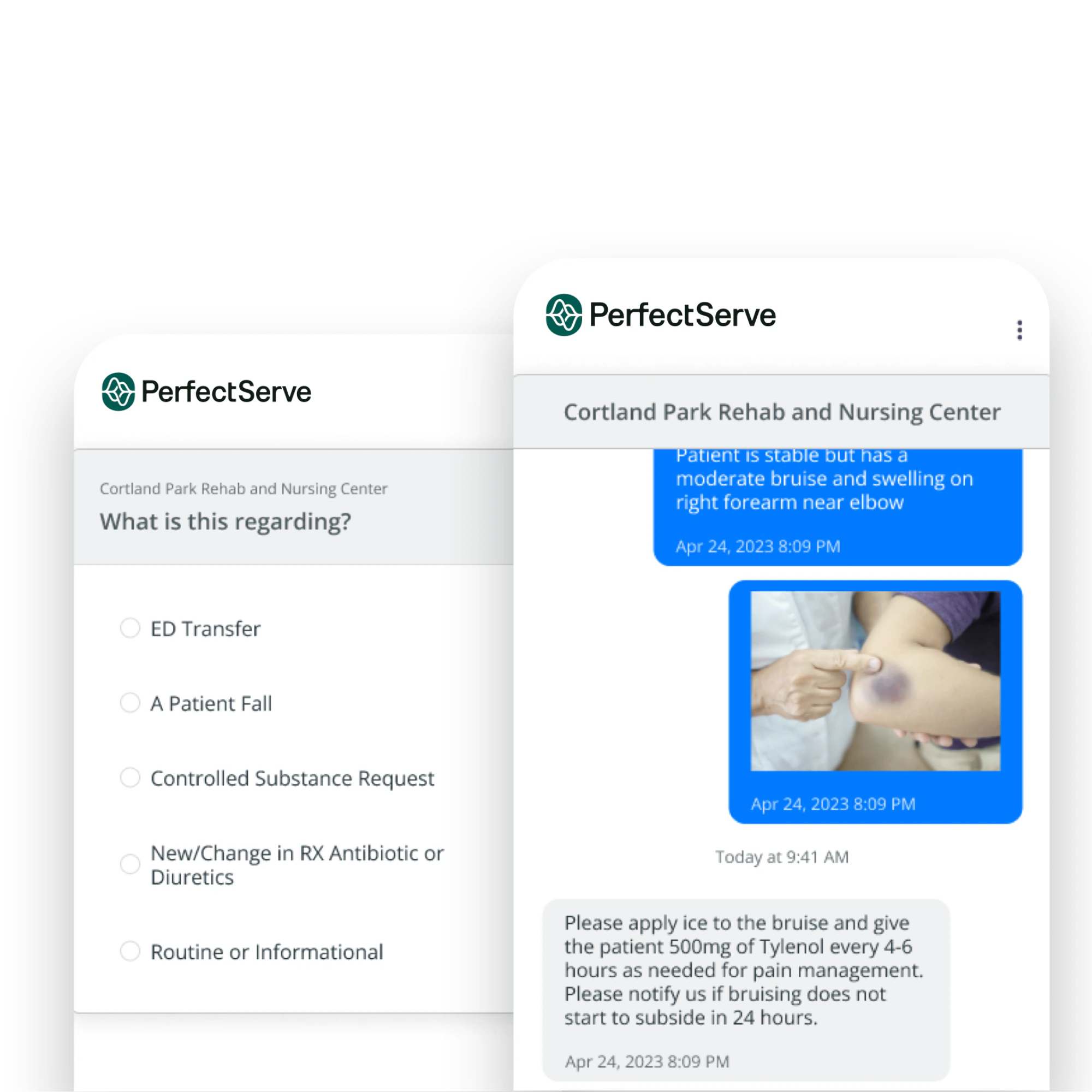 Message thread about treating a patient bruise and swelling, with message category options