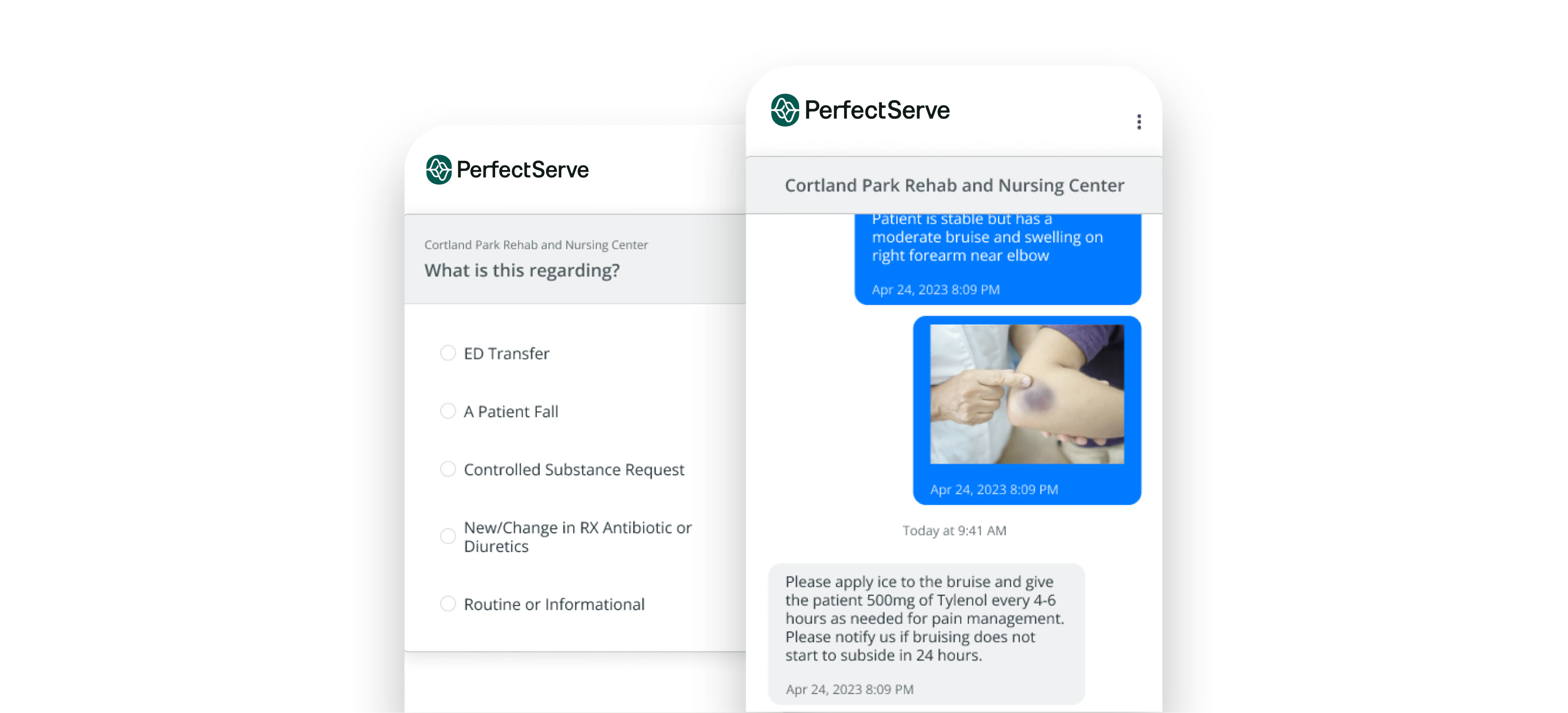 Message thread about treating a patient bruise and swelling, with message category options