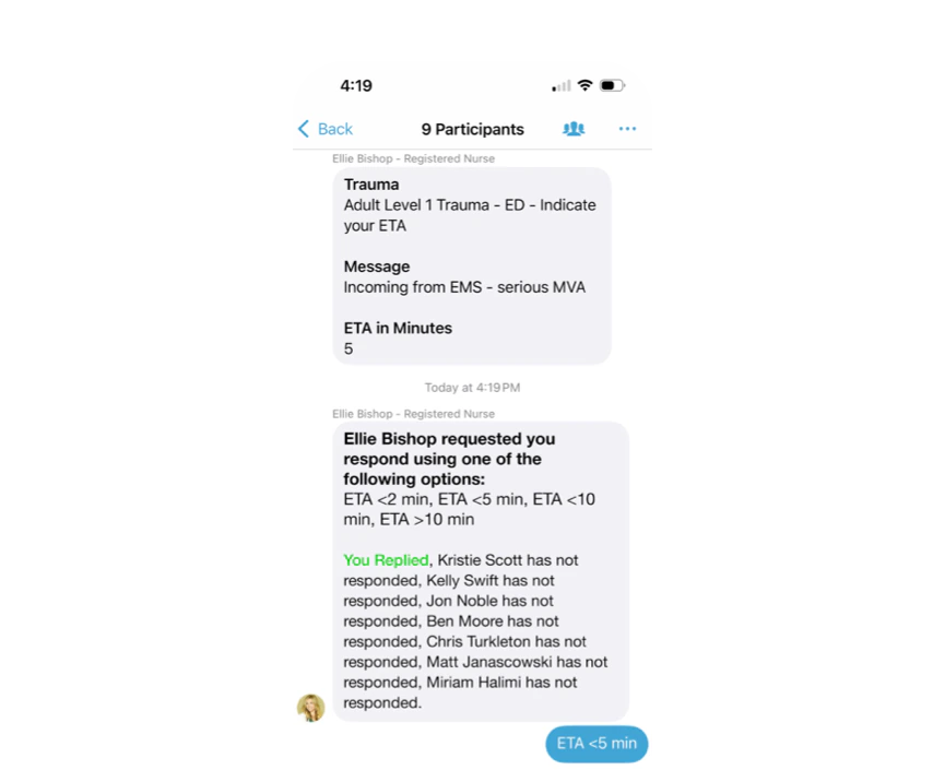 Healthcare software interface showing a trauma alert with ETA and participant status