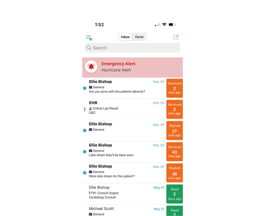 Healthcare software inbox showing emergency alerts and patient messages