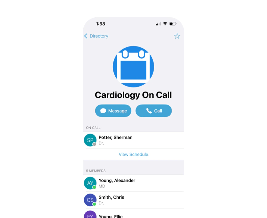 Mobile app interface showing a directory for Cardiology On Call with options to message or call a doctor on call
